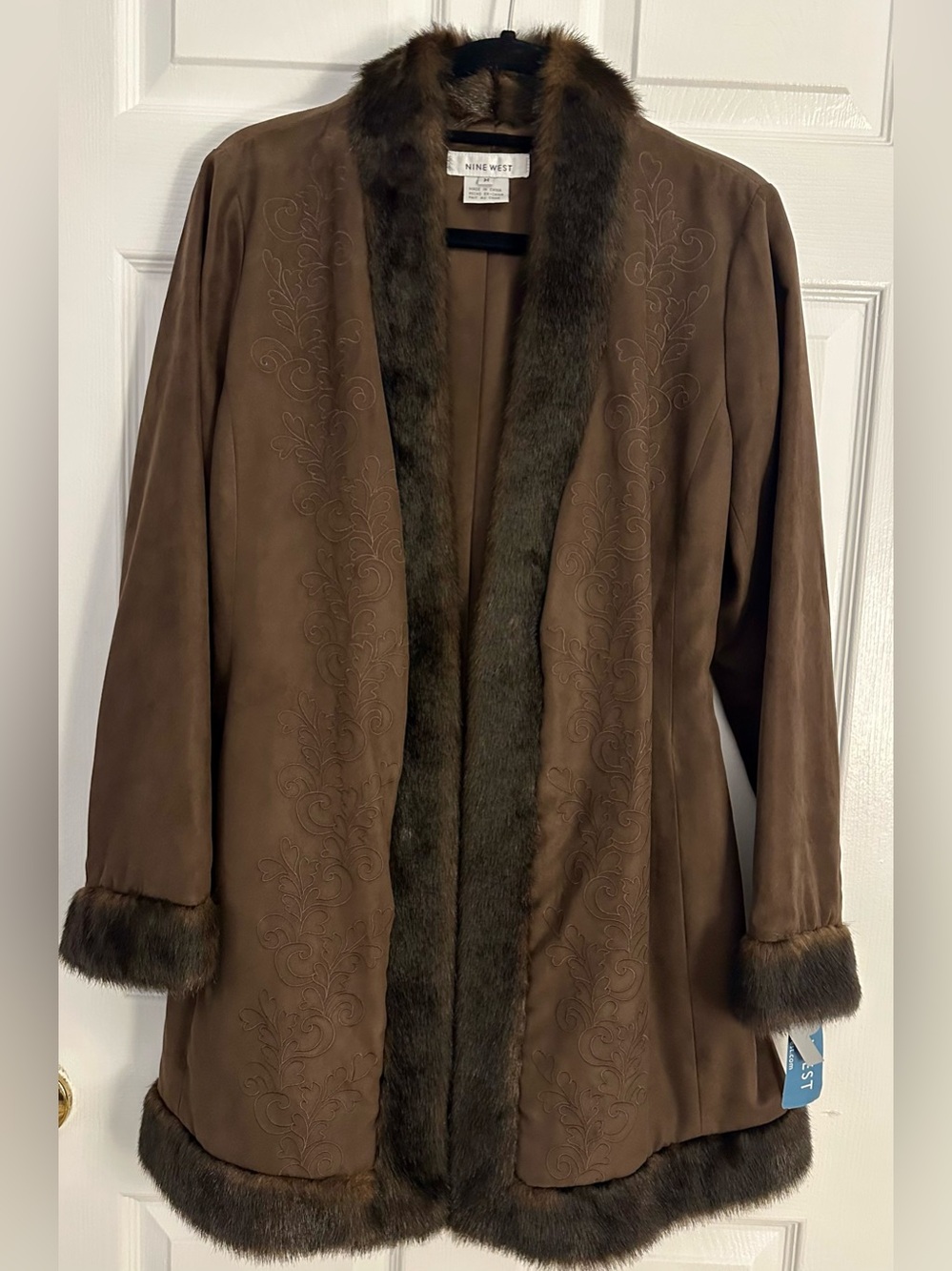 NWT Nine West embroidered faux suede jacket with faux fur trim